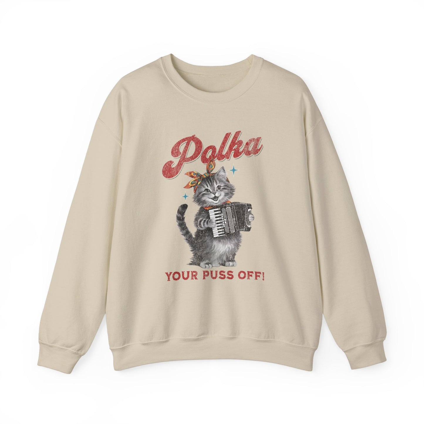 Polka Kitten-Accordion Playing Kitschy Cat Vintage Distressed Crewneck Sweatshirt