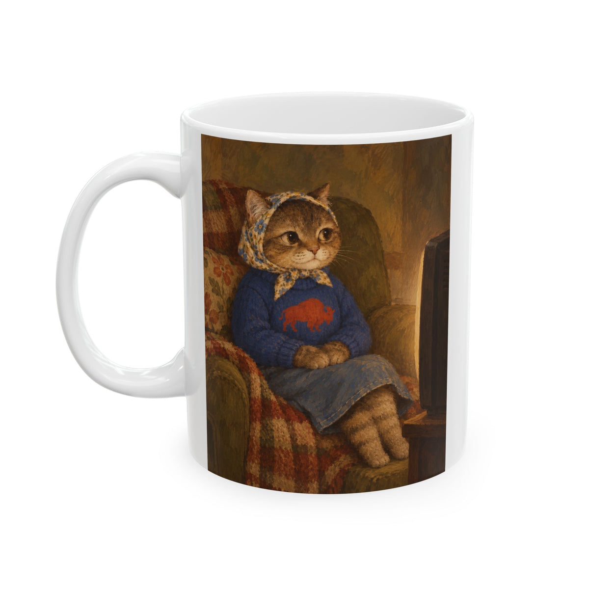 Nostalgic Buffalo Tabby Babushka Cat Ceramic Mug (2 sizes)