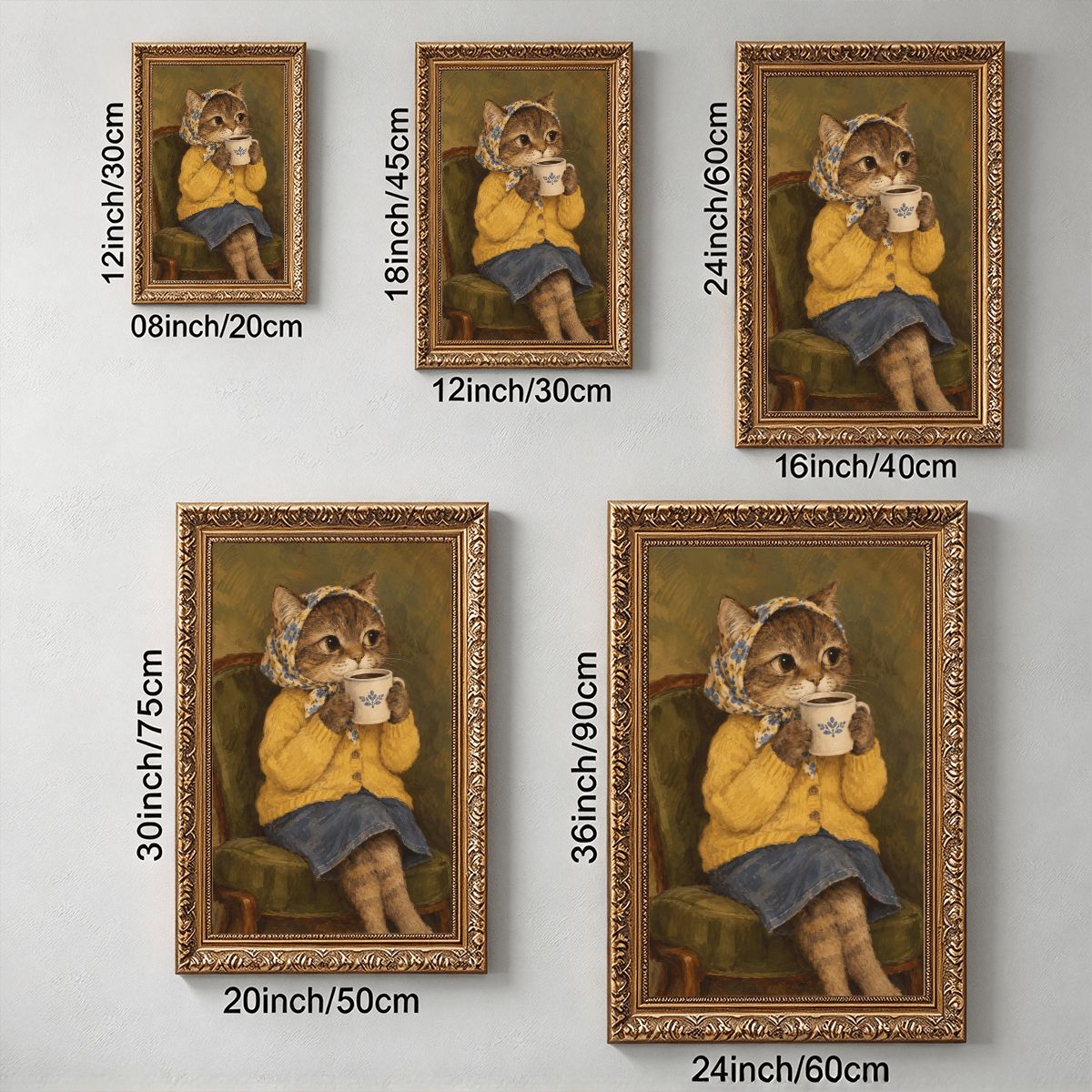 Babushka Cat Vintage Gold Frame Canvas, Sipping Coffee