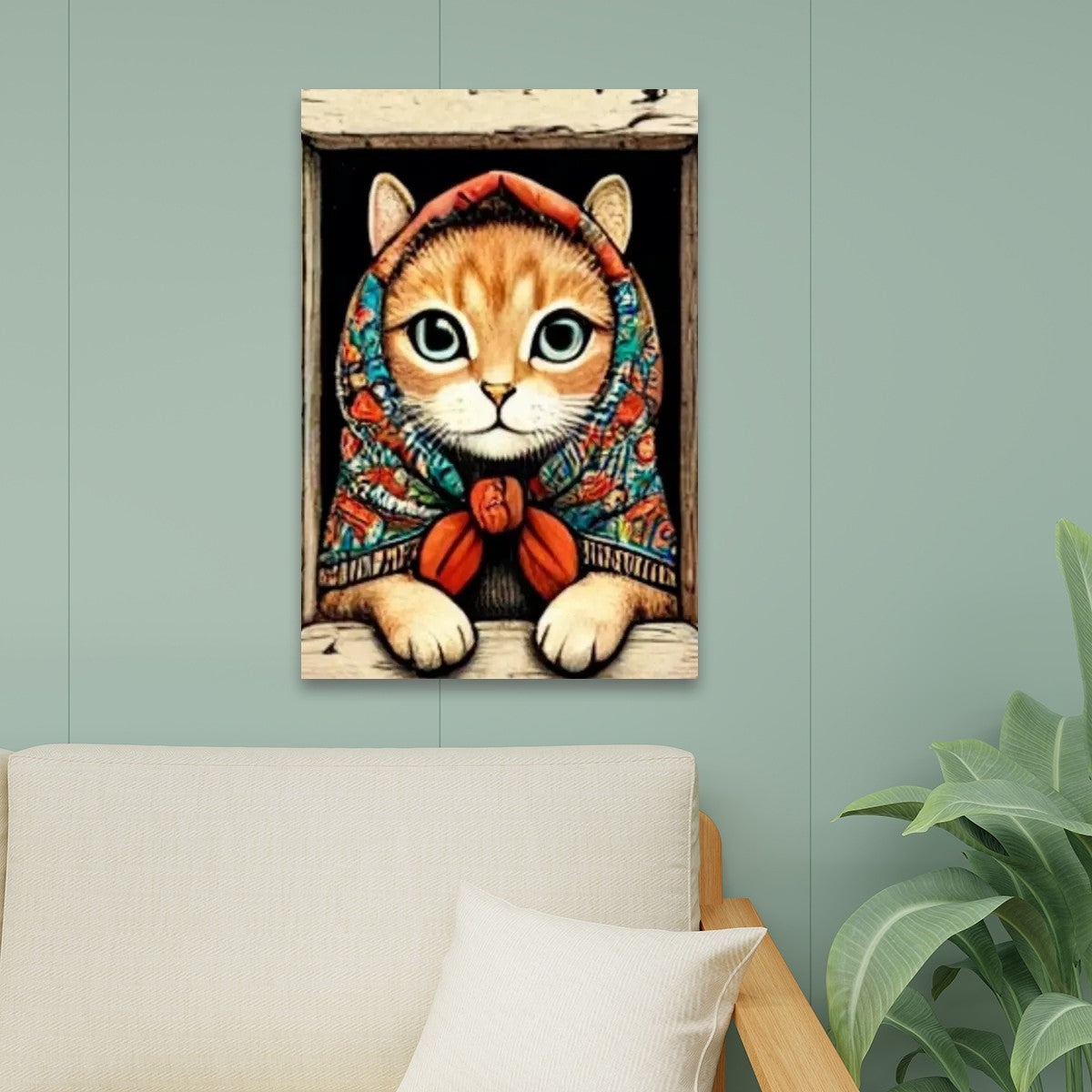 Babushka Cat Window Scene, Kitschy Canvas Print Wall Art