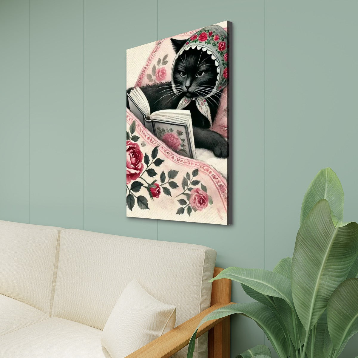 Babushka Cat Reads, Kitschy Cat Canvas Print Wall Art