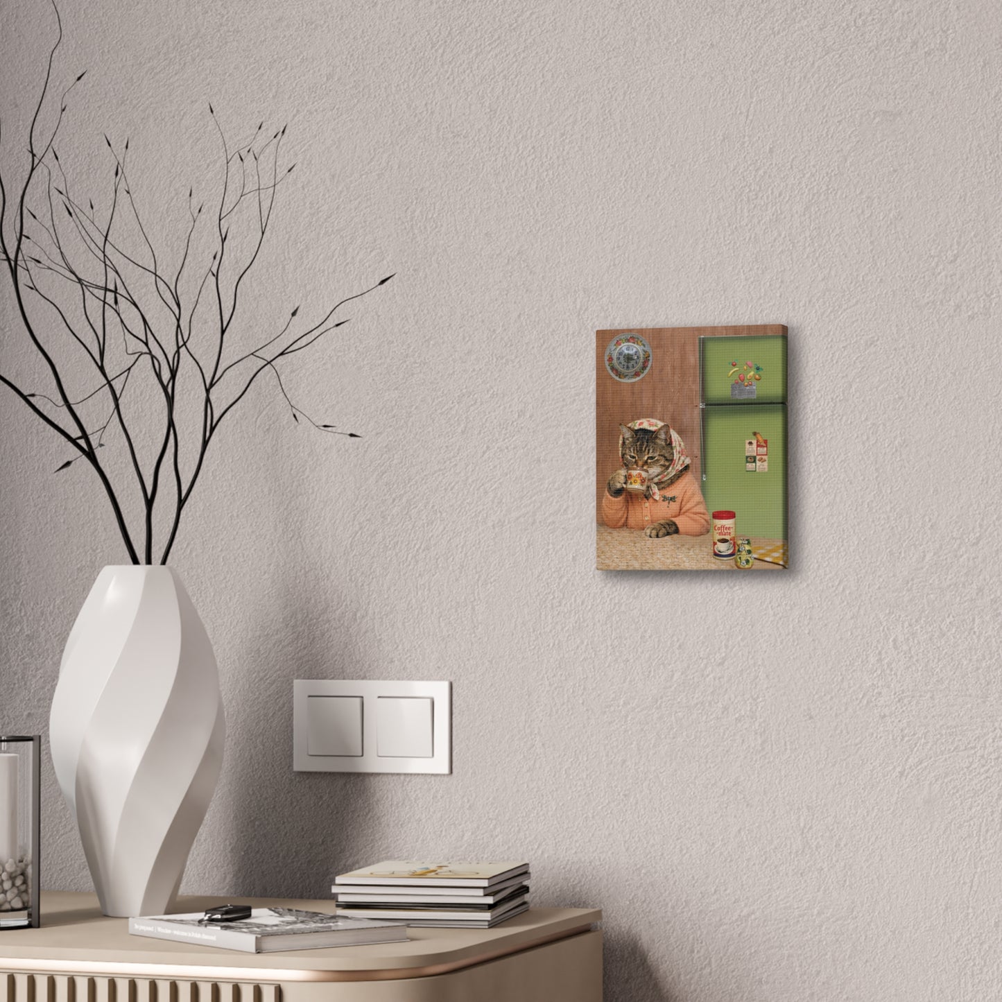 Babushka Cat Enjoys Coffee Canvas Wall Art