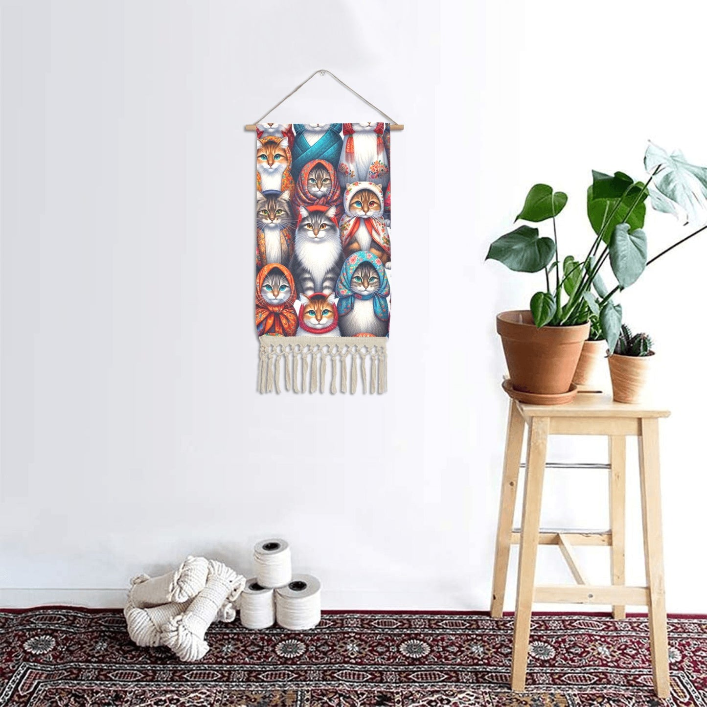 Babushka Cats Fringed Linen Hanging Art