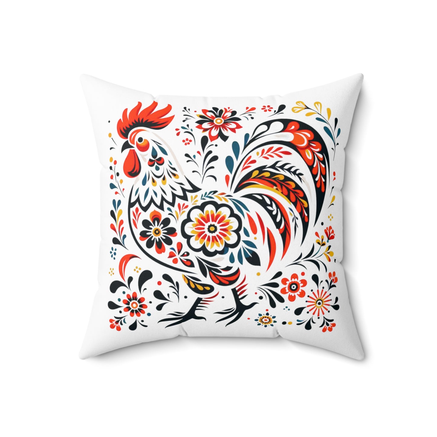 Rooster Pillow, Polish Folk Art, Wycinanki Pattern Spun Polyester Square Pillow