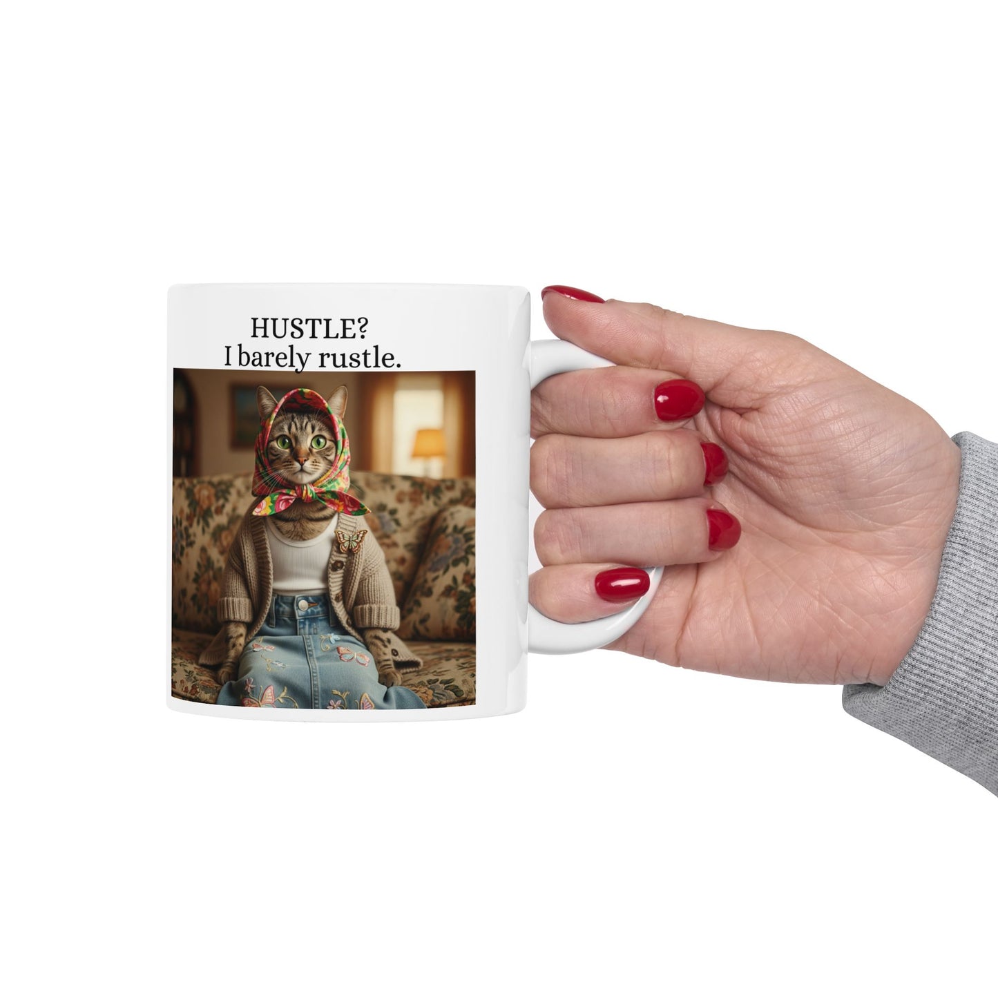 Babushka Cat Hustle Mug, Kitty Sarcasm