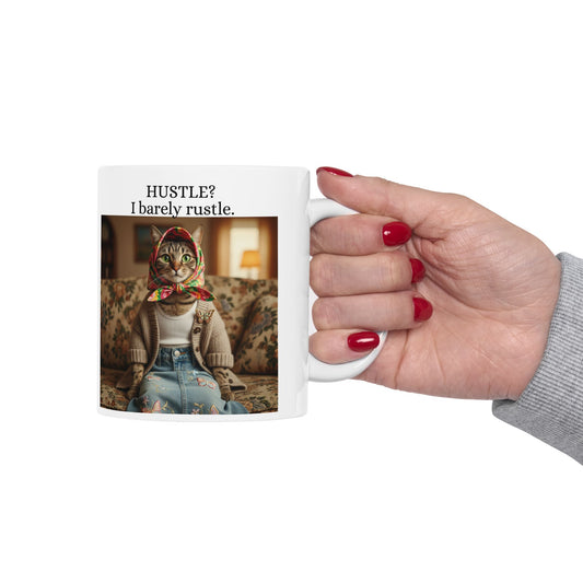 Babushka Cat Hustle Mug, Kitty Sarcasm