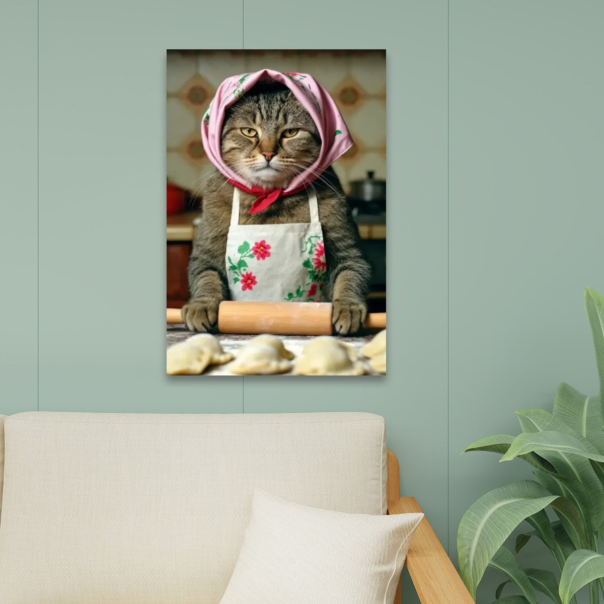 Babushka Cat Rolls Dough Canvas Print Wall Art
