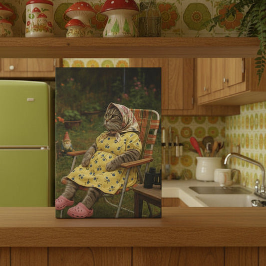 Babushka Cat Backyard Birding, Nostalgic  Kitschy Cat Art Canvas