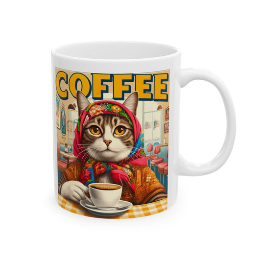 Babushka Cat Coffee Ad Ceramic Mug, 11oz