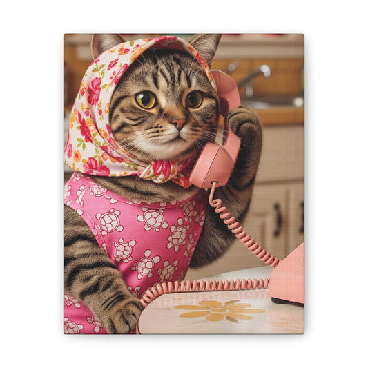 Babushka Cat Dials Up Kitschy Canvas Wall Art