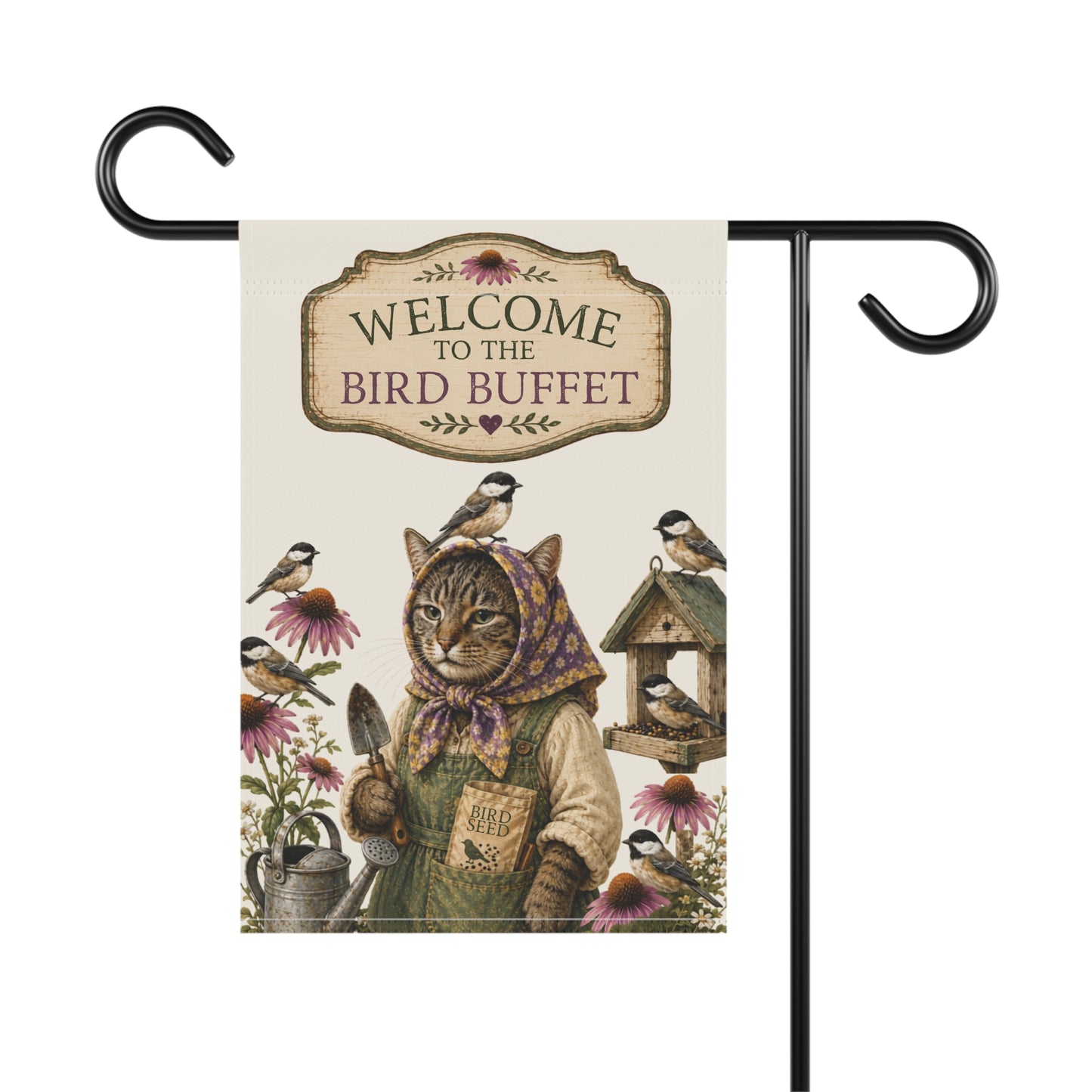 Babushka Cat and the Birds Humor Garden Flag (no pole)