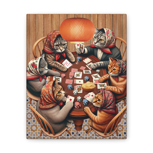 Babushka Cats Playing Cards Canvas Wall Art