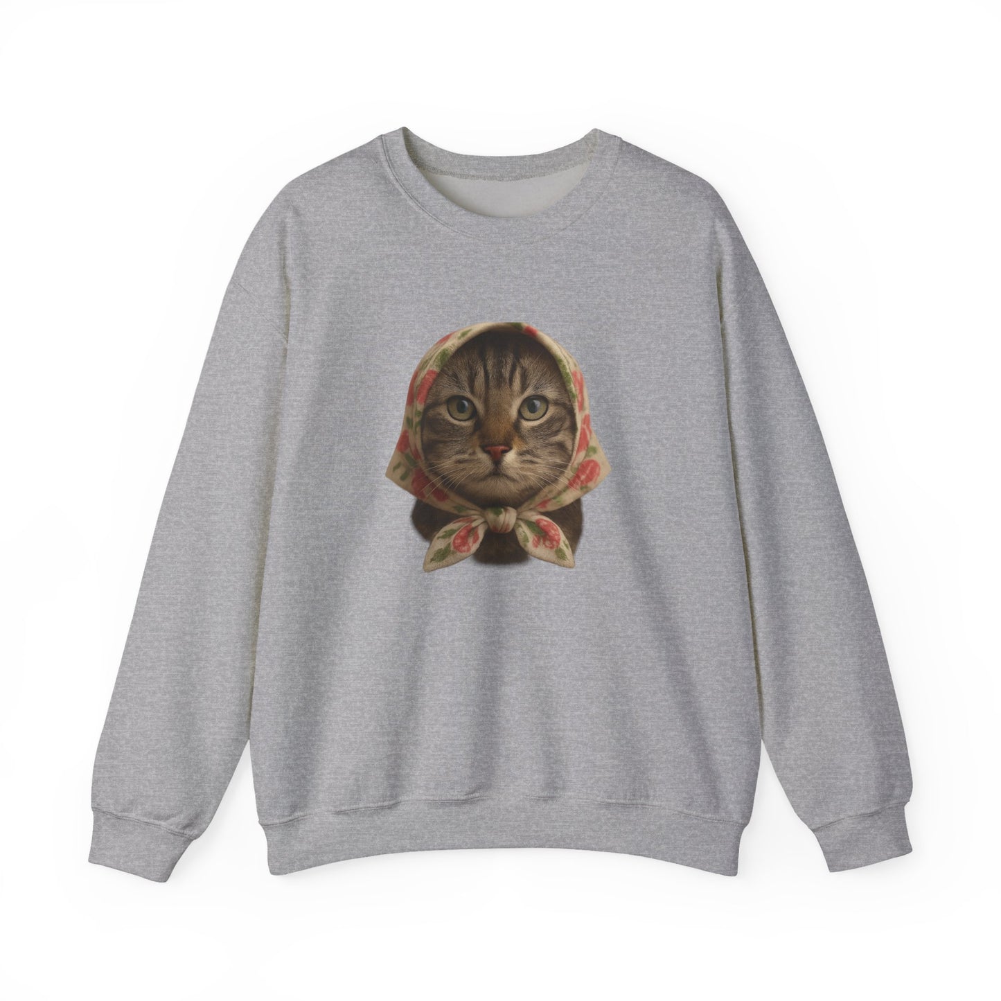 Babushka Cat Sweatshirt, Cozy Crewneck, Unisex Style for Cozy Everyday Wear