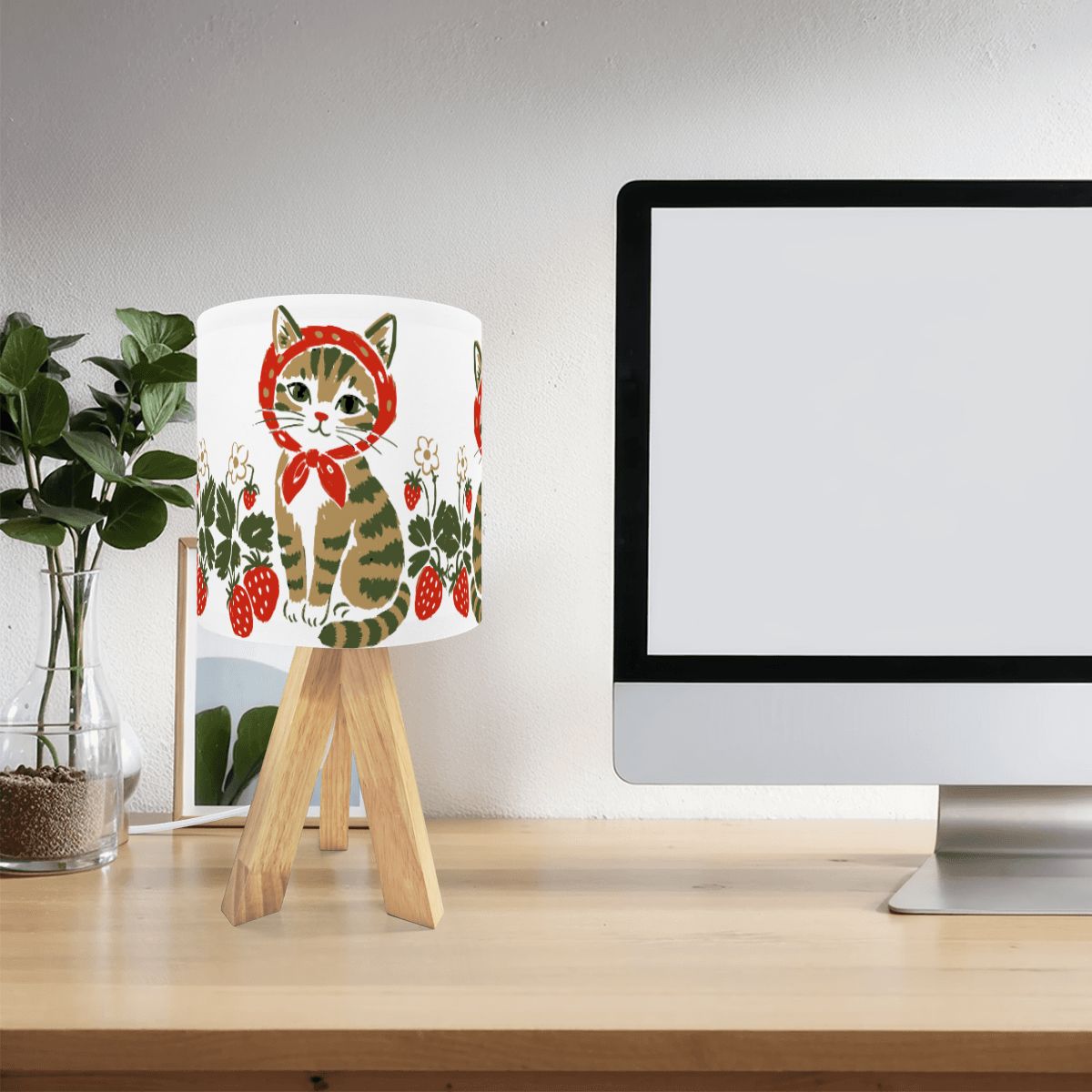 Babushka Cat Strawberry Cottagecore Tripod Table Lamp