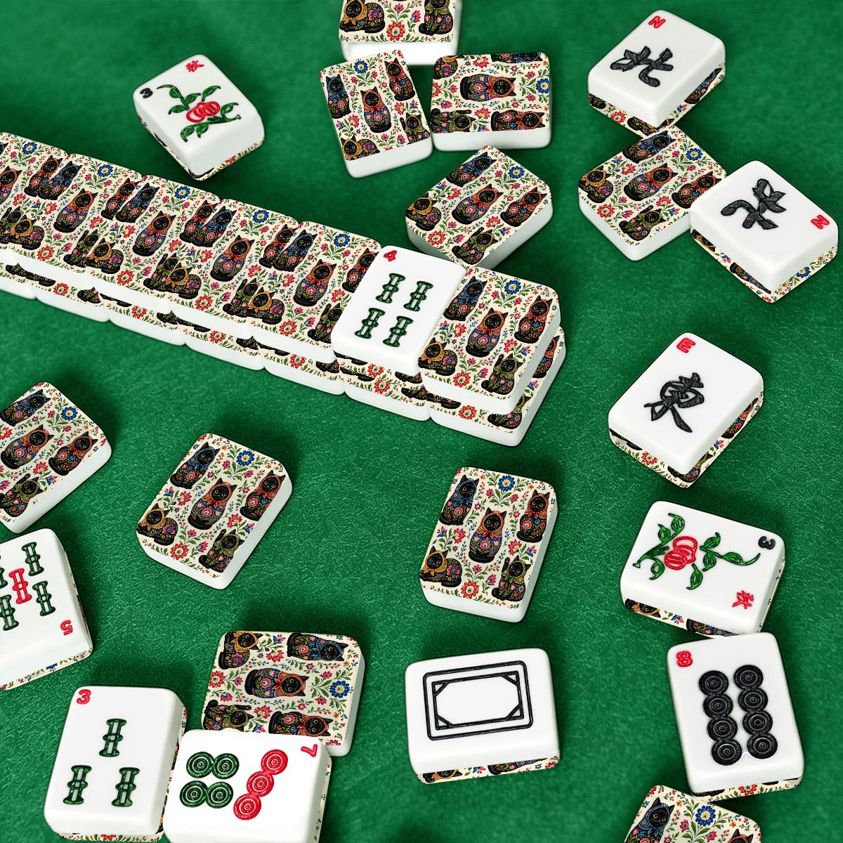 Babushka Cat Black Cat Matroyshkas Mahjong Tile Set