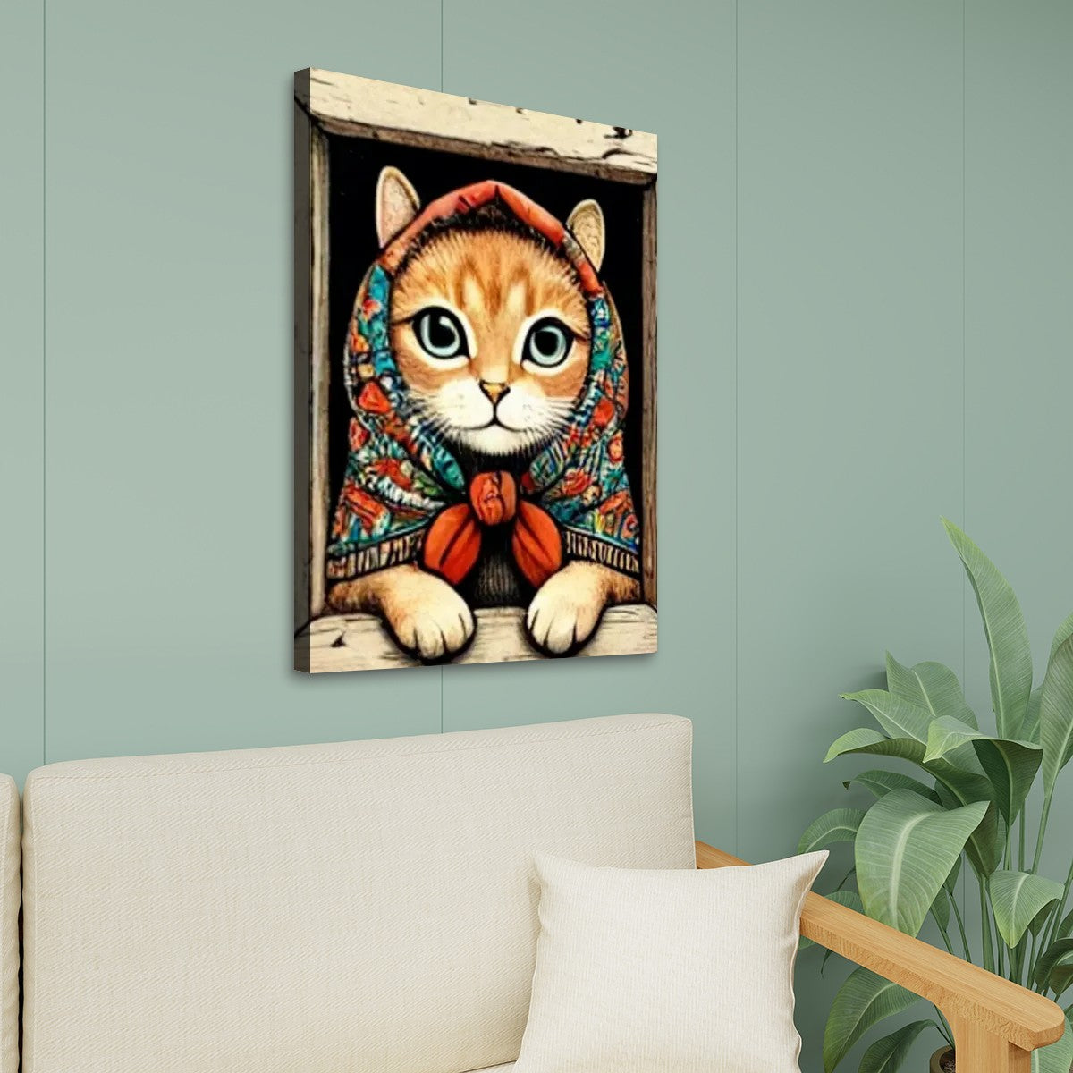 Babushka Cat Window Scene, Kitschy Canvas Print Wall Art