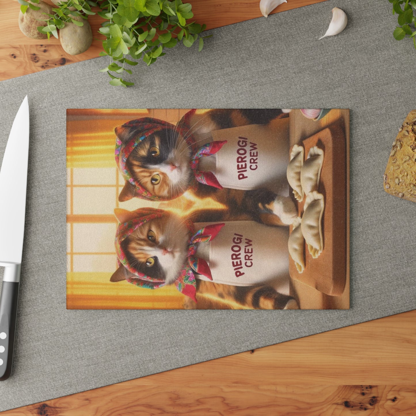 Babushka Pierogi Crew Glass Glass Cutting Board; Two Sizes Available