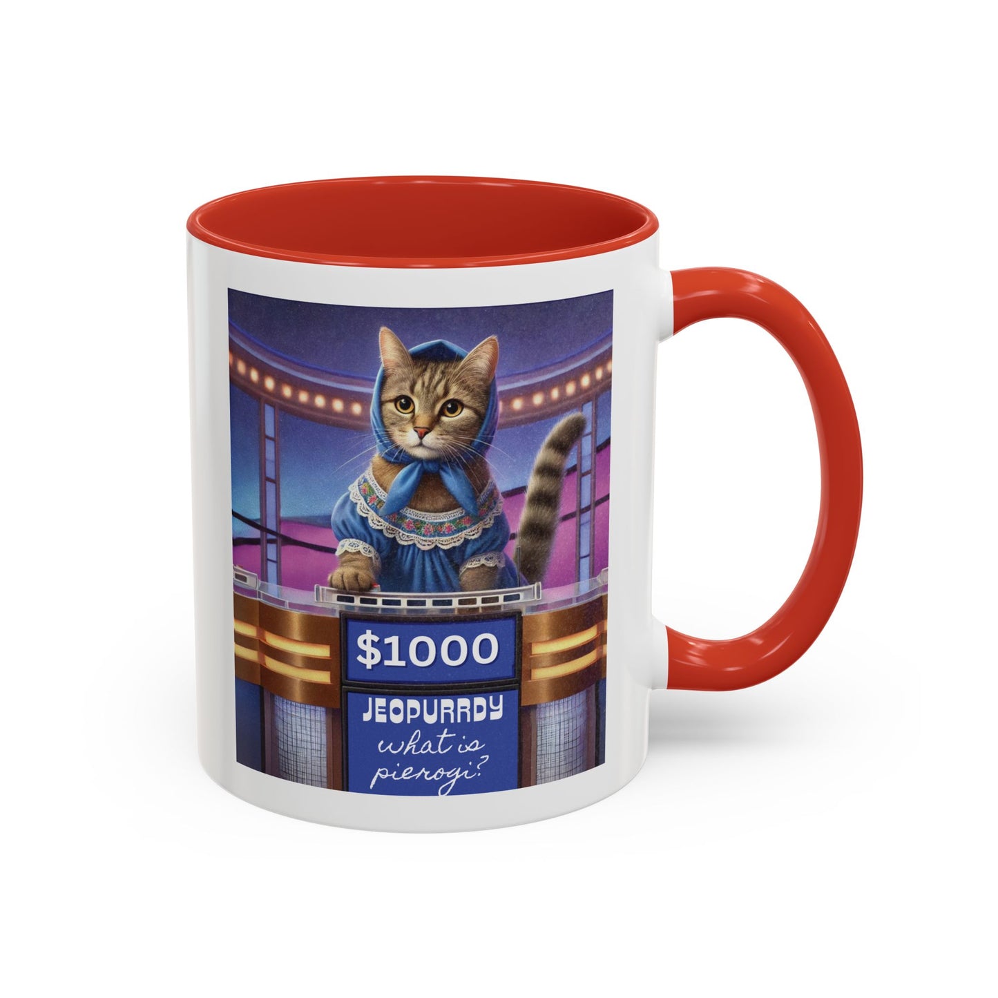 Babushka Cat Does Gameshow, Kitschy Cat Accent Coffee Mug (11 oz)