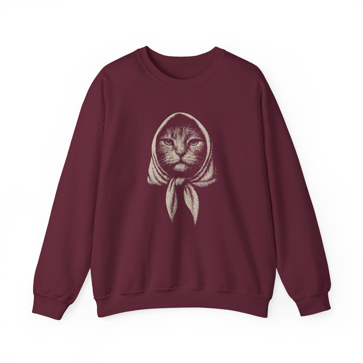 Babushka Cat Artsy Etched Linocut Crewneck Sweatshirt