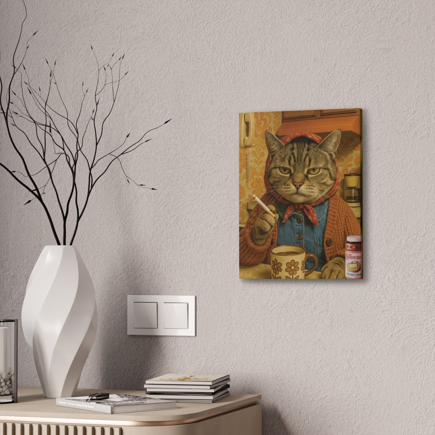 Babushka Cat Smoke Break Nostalgic Kitschy Cat Art Canvas