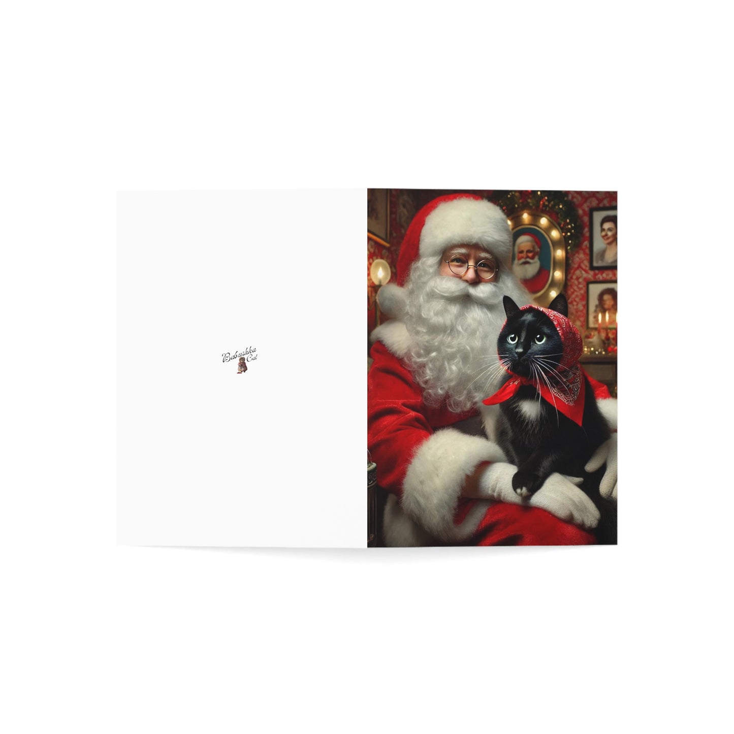 Babushka Cat-Charming Black Cat with Santa,  Christmas Greeting Cards Set of 10