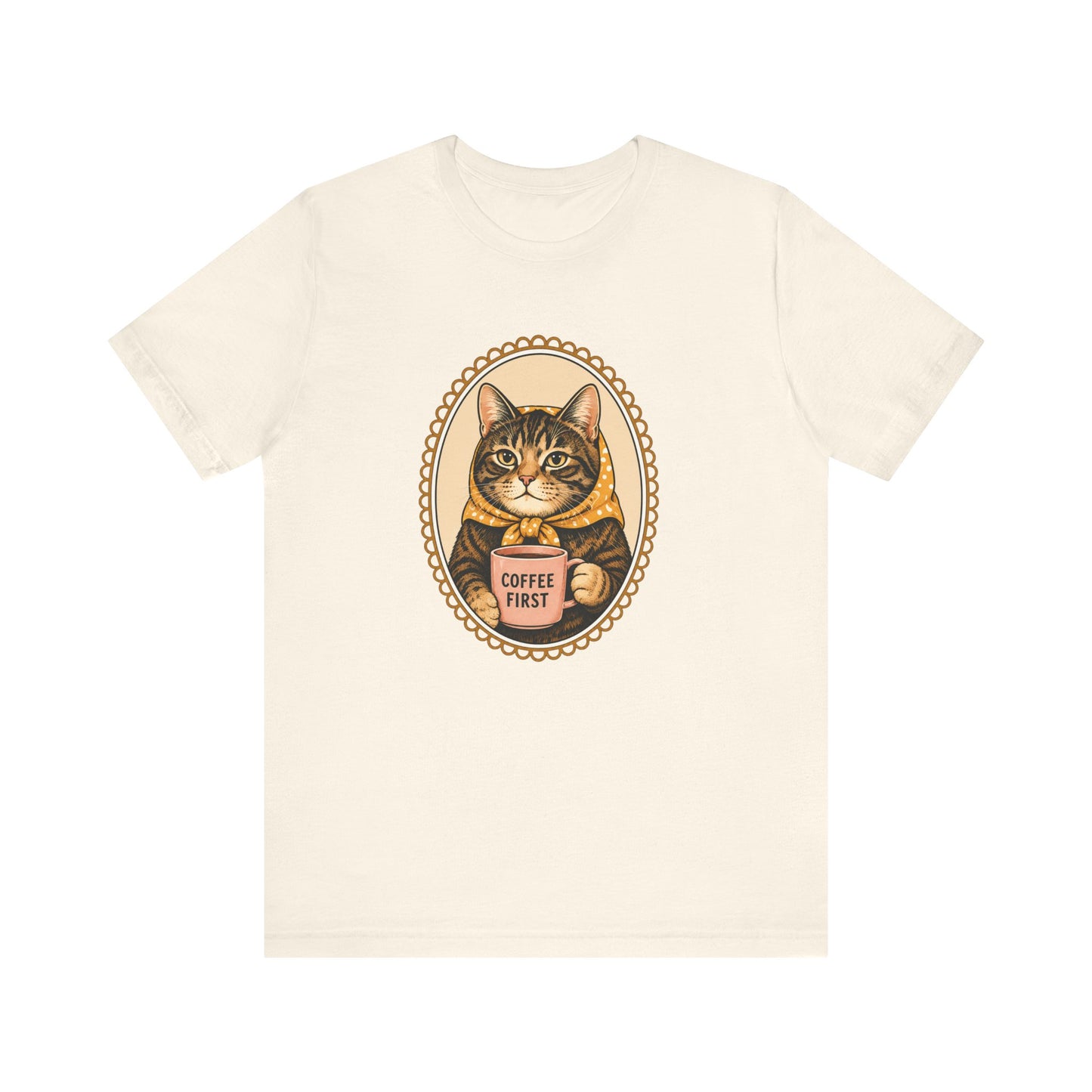 Babushka Cat Coffee First Cameo Design Tee
