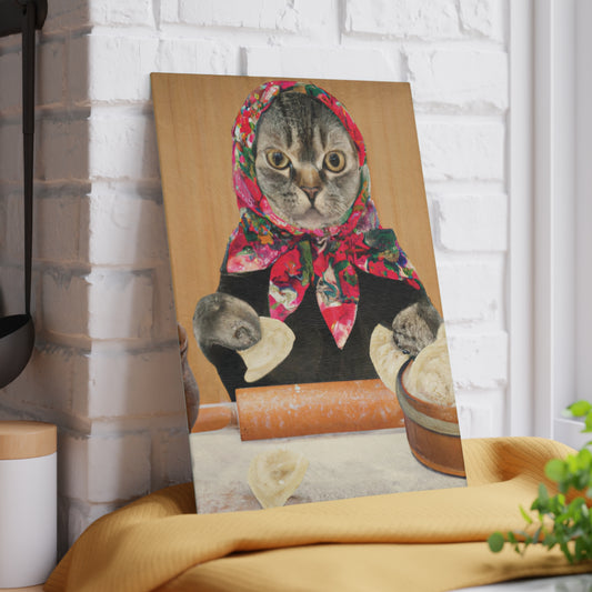 Babushka Pierogi Cat Glass Glass Cutting Board; Two Sizes Available