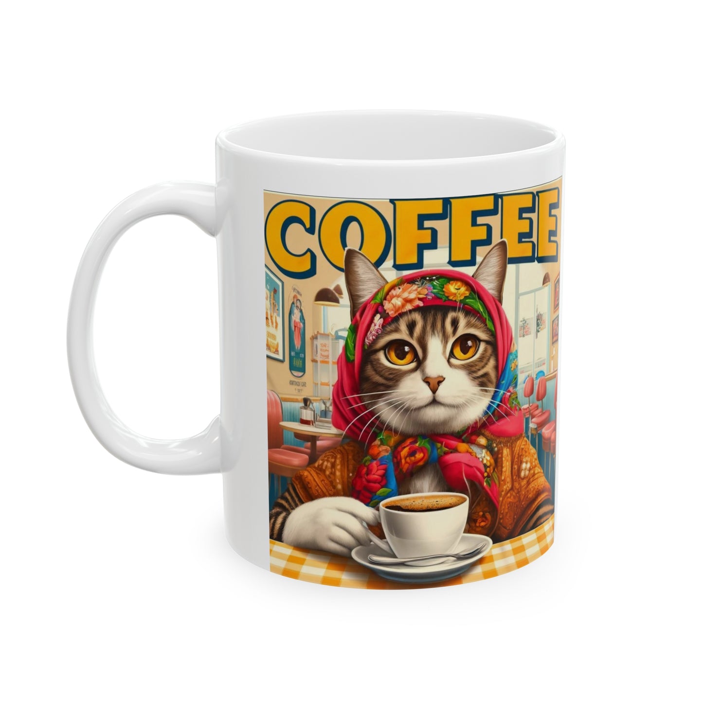 Babushka Cat Coffee Ad Ceramic Mug, 11oz