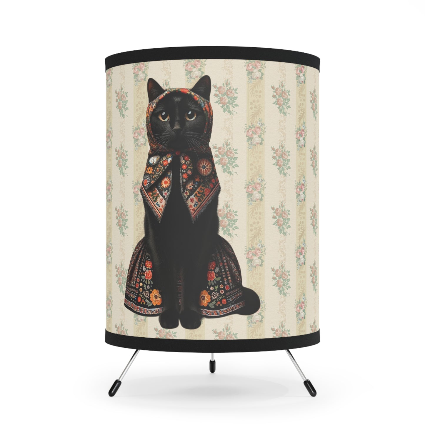 Babushka Cat, Black Cat Tripod Lamp with High-Res Printed Shade, US\CA plug