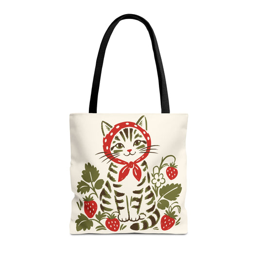 Babushka Cat Strawberry Patch Tabby Cat Tote Bag (AOP)