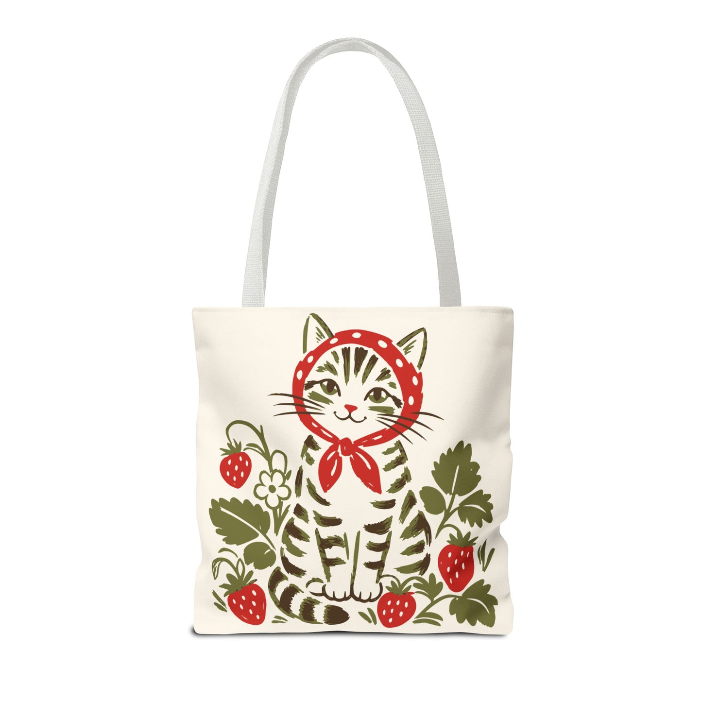 Babushka Cat Strawberry Patch Tabby Cat Tote Bag (AOP)