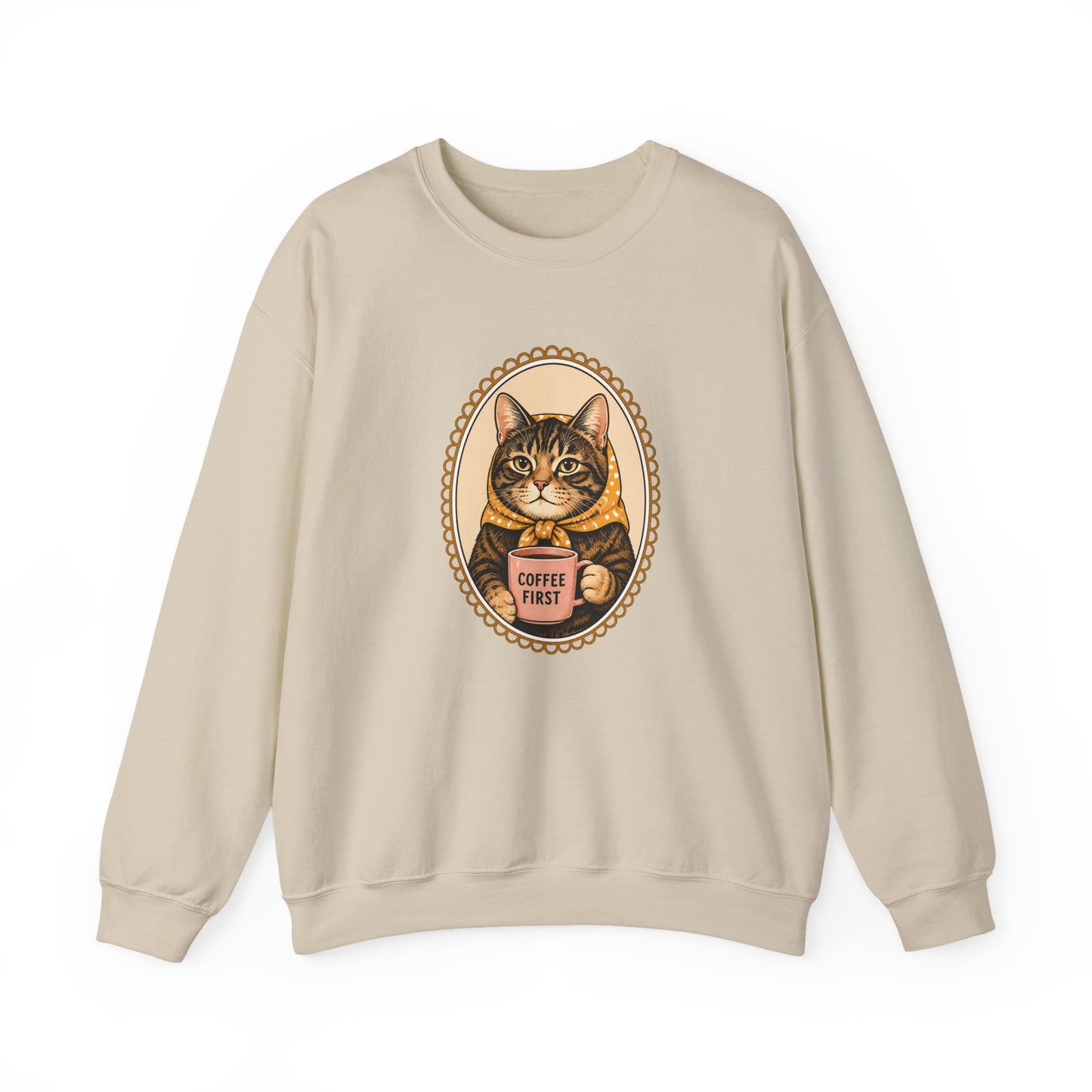 Babushka Cat Coffee First Unisex Heavy Blend™ Crewneck Sweatshirt