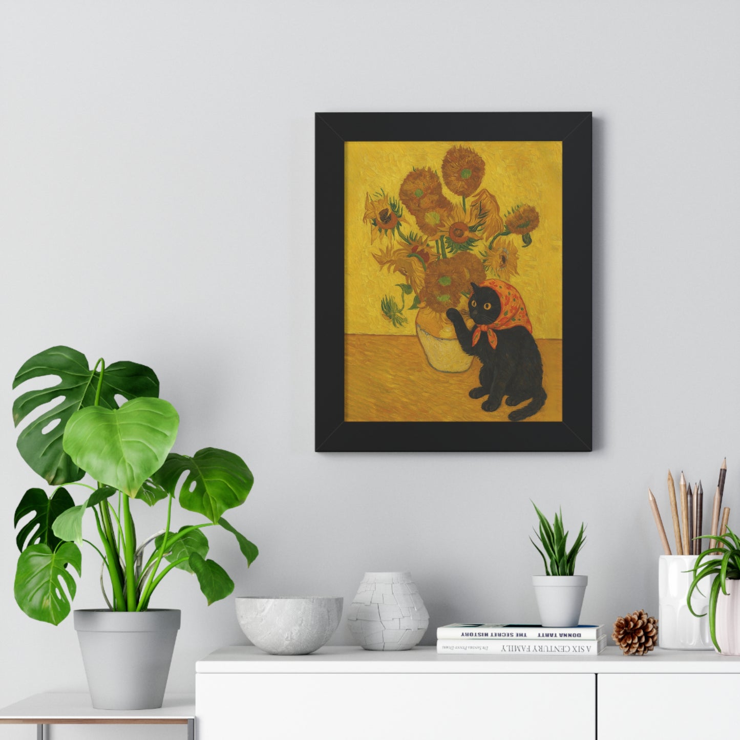 Babushka Cat X Vangogh Sunflowers Framed Poster