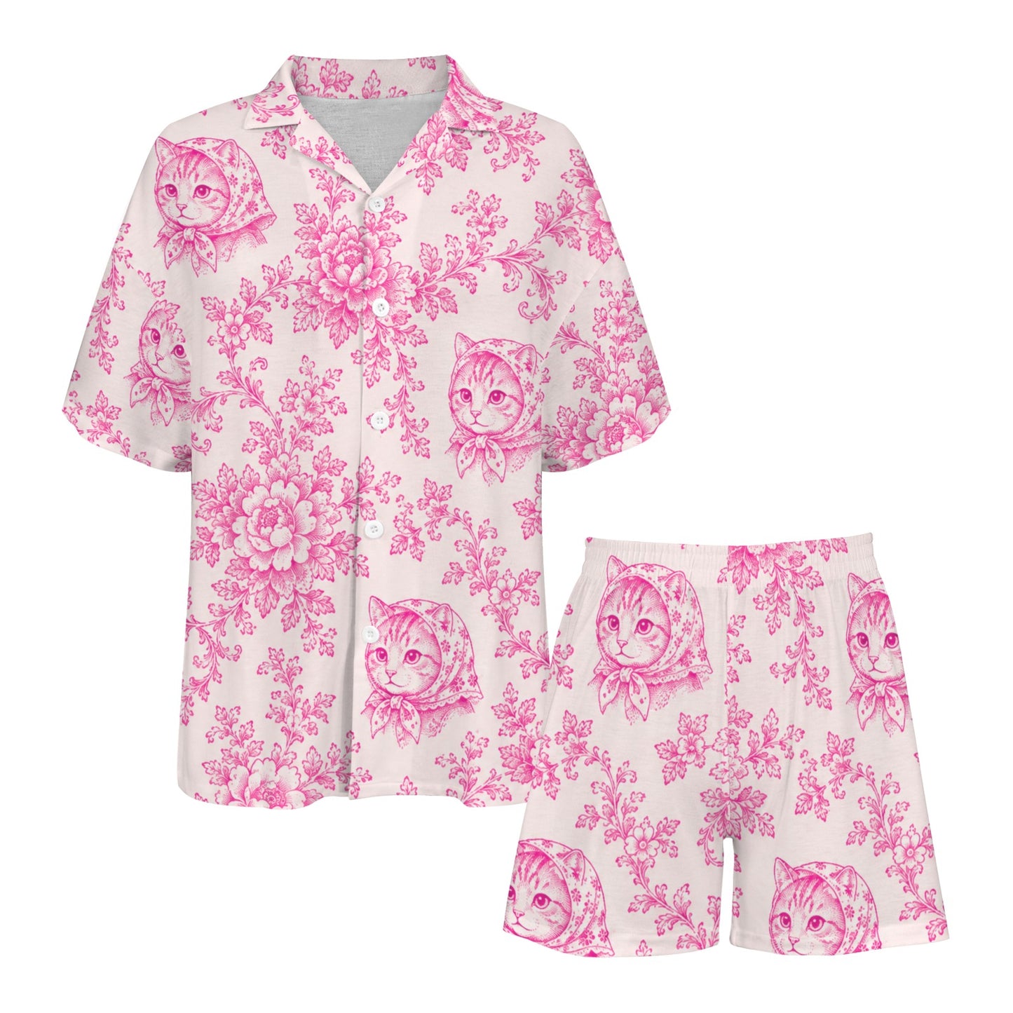 Babushka Cat Purrrdy in Pink Two Piece Pajamas Set