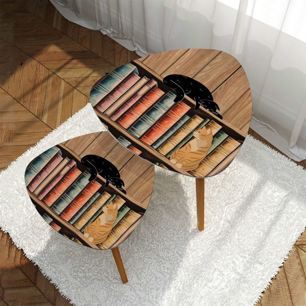 Kitschy Cats and Books Triangle Coffee Table Set of 2 (Made in USA)