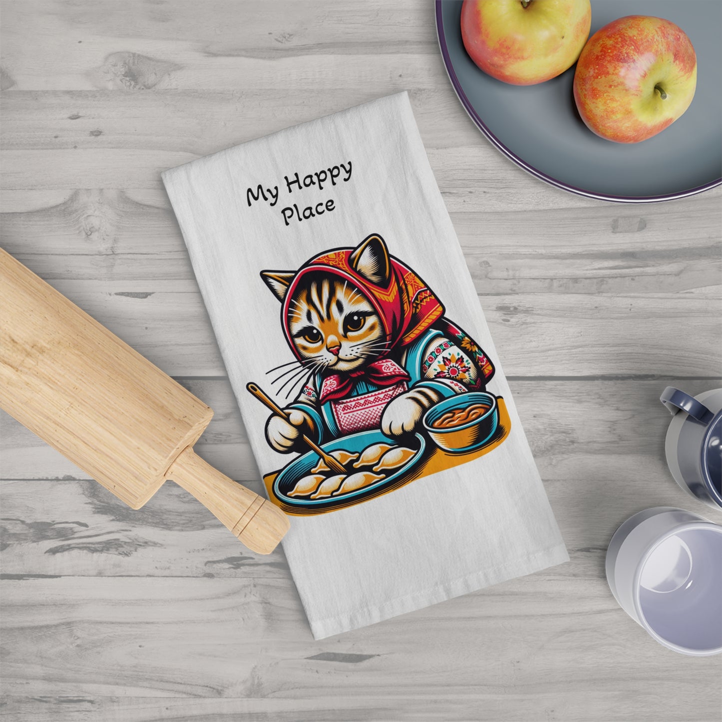 Babushka Pierogi Cat Kitschy Tea Towel