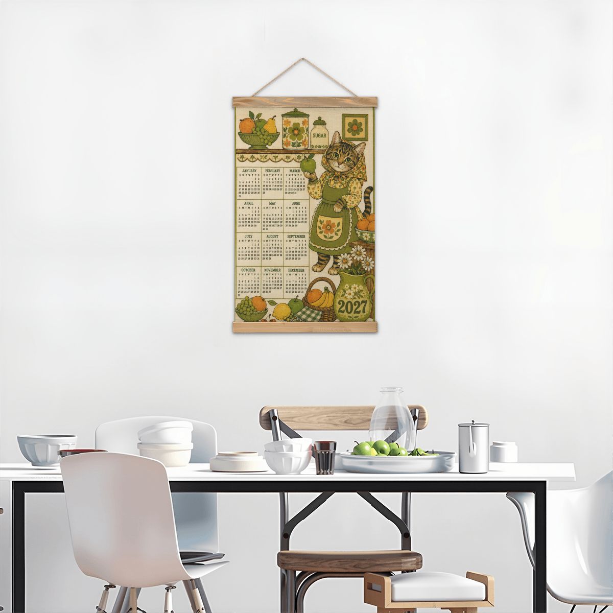 Babushka Cat 2027 Retro Themed Coated Linen Canvas Hanging Wall Calendar