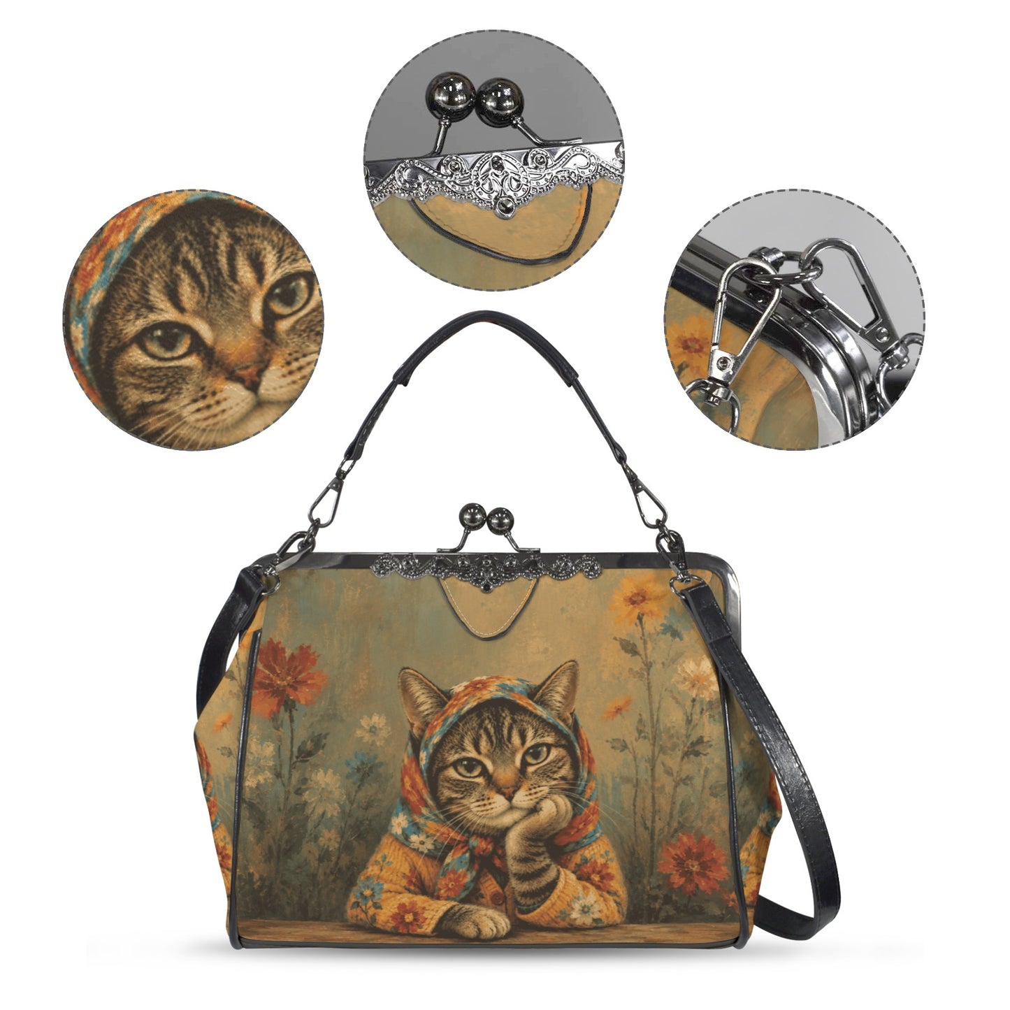Babushka Cat Garden Solace Vintage Style Kisslock Purse