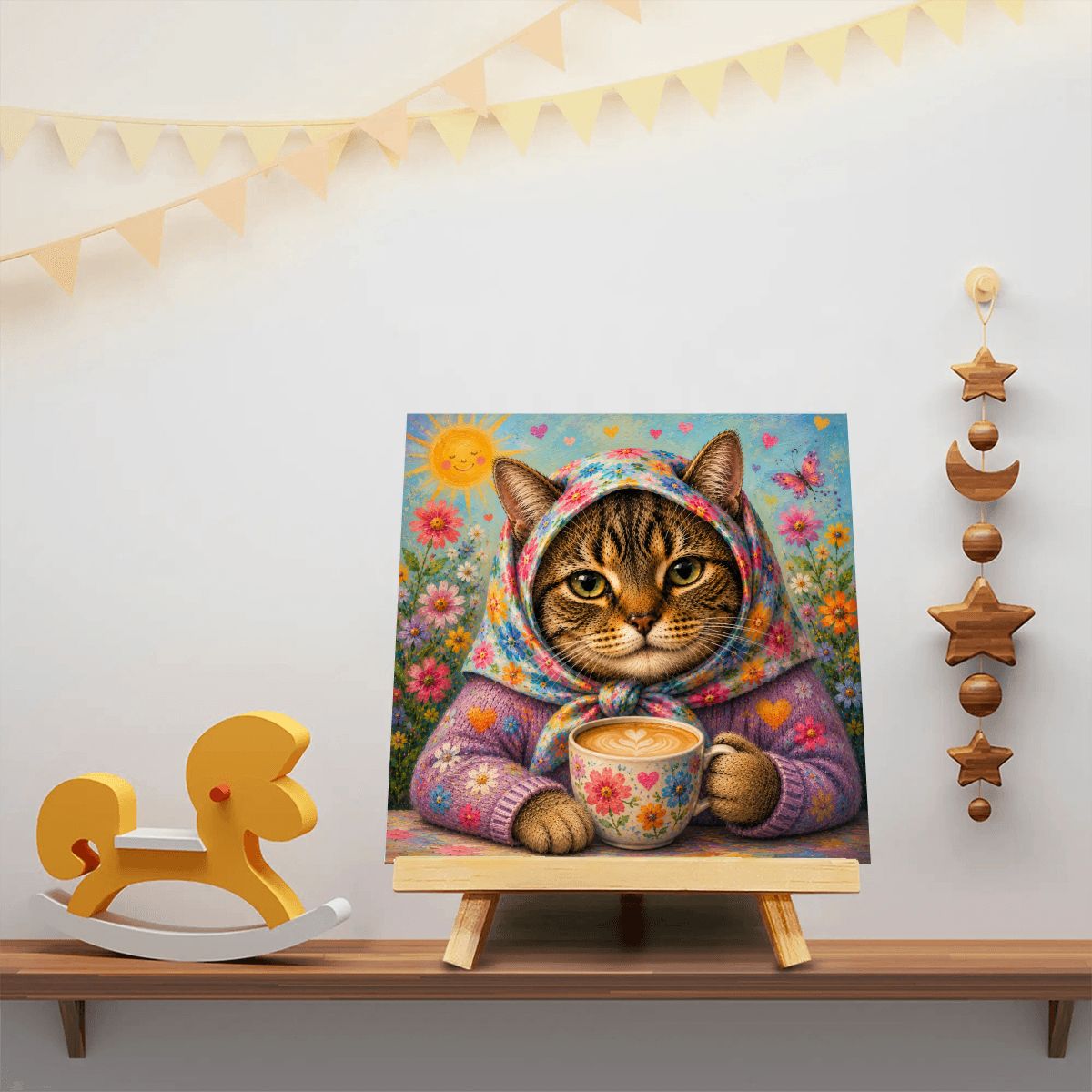 Babushka Cat Happy Coffee Time Mini Easel Art