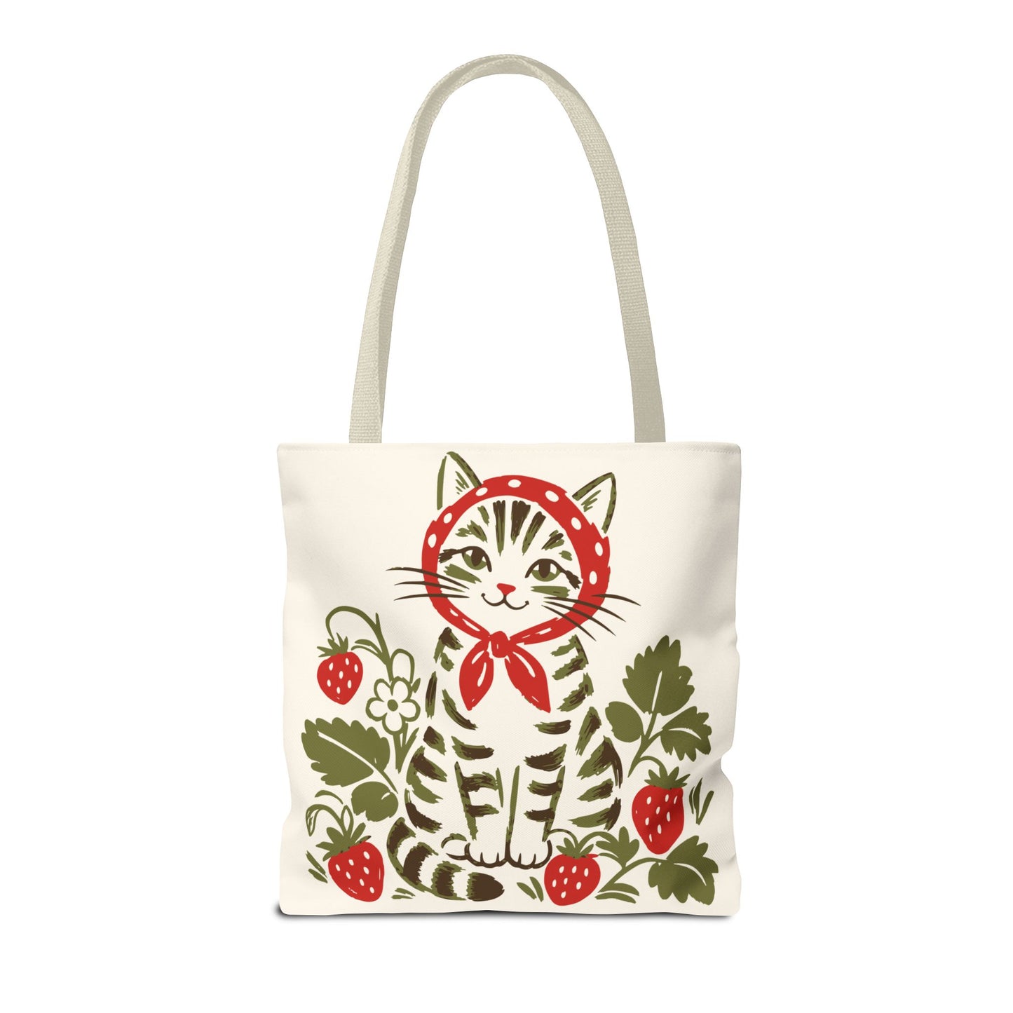 Babushka Cat Strawberry Patch Tabby Cat Tote Bag (AOP)