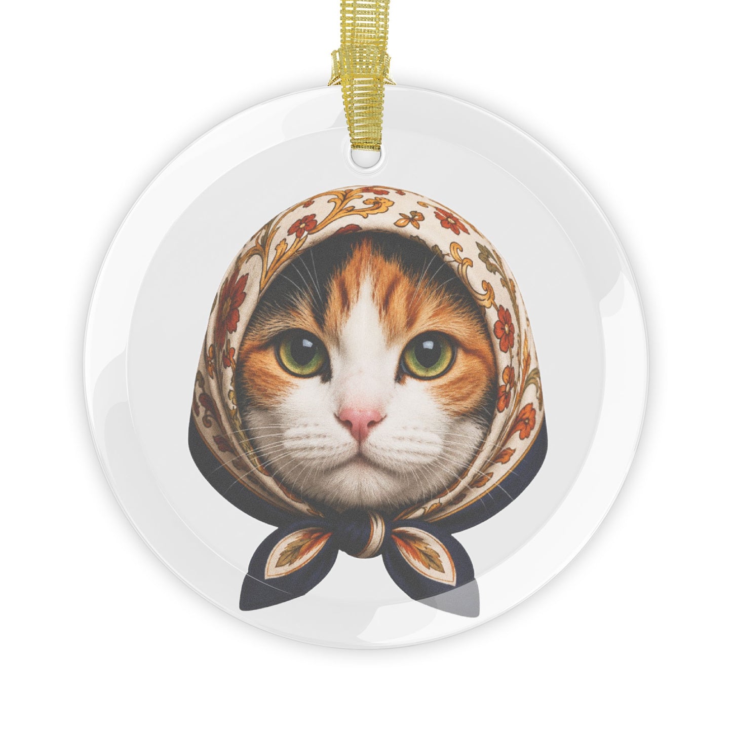 Babushka Calico Cat Glass Ornament