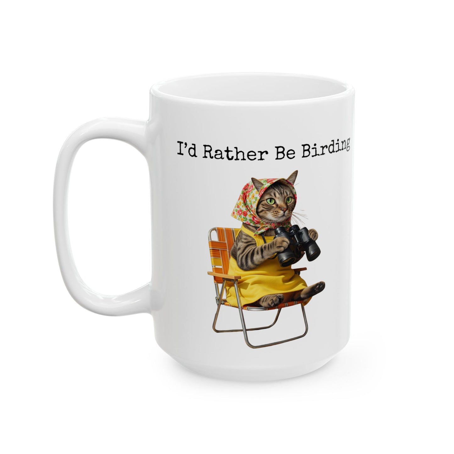 Babushka Cat Birdwatching Ceramic Mug – I'd Rather Be Birding Coffee Cup, Gift for Bird Lovers