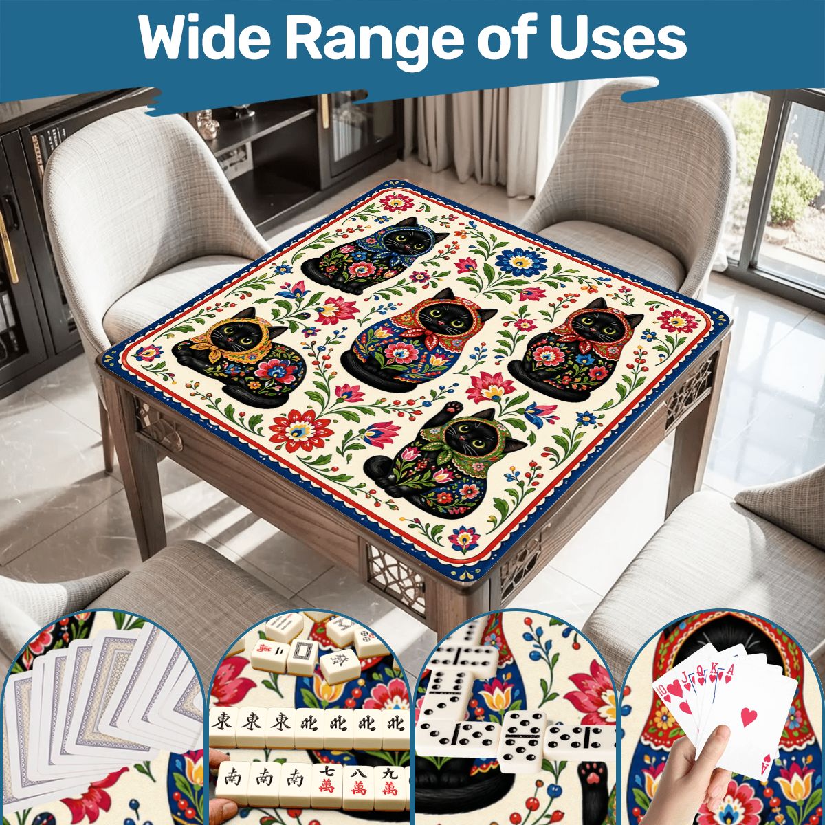 Babushka Black Cat Mahjong Mat 33"x33" (Ship Rolled up)