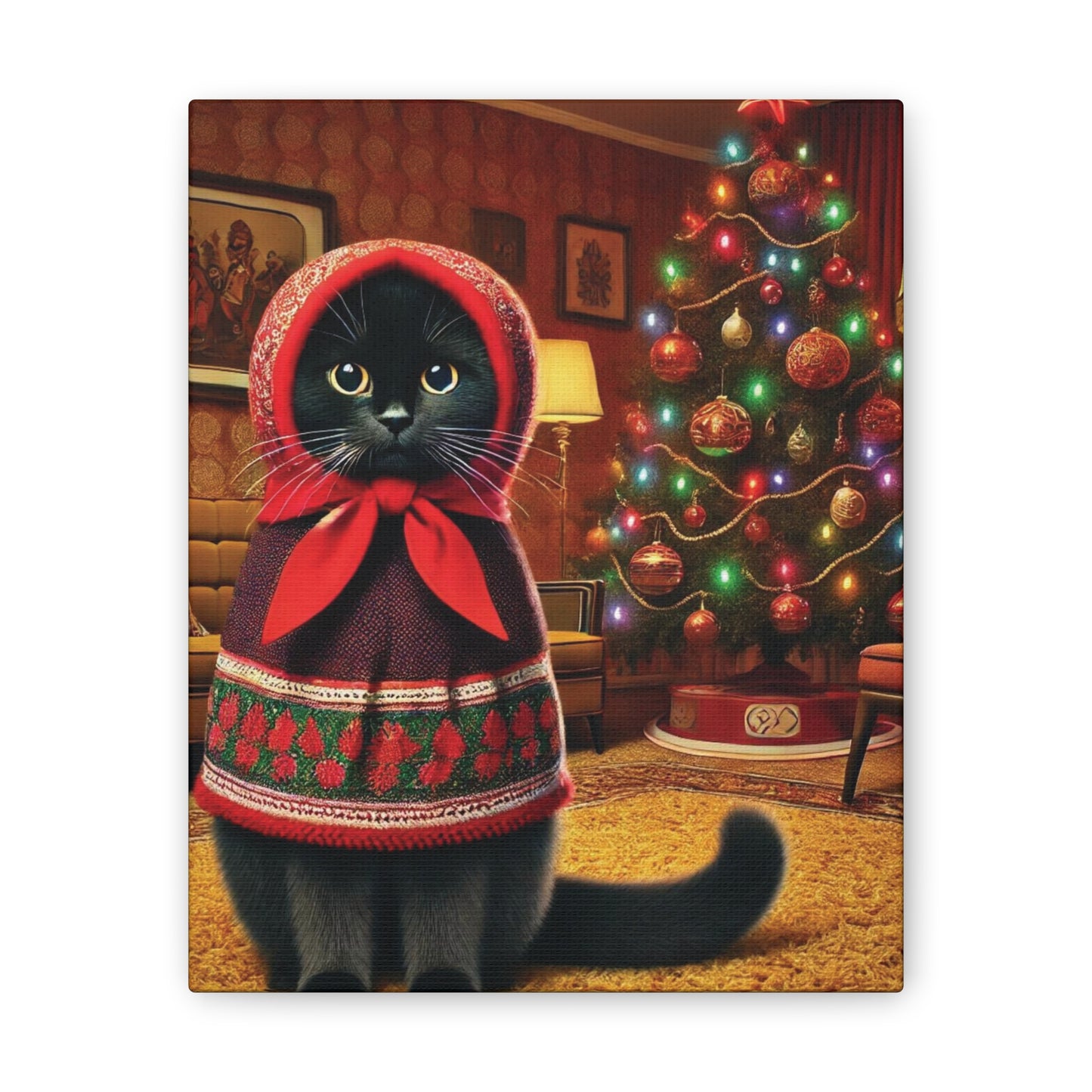 Babushka Black Cat Christmas 70's Art,  Babushka Cat Kitschy Cat Wall Art,  Canvas Wall Art, Nostalgic 70's Art