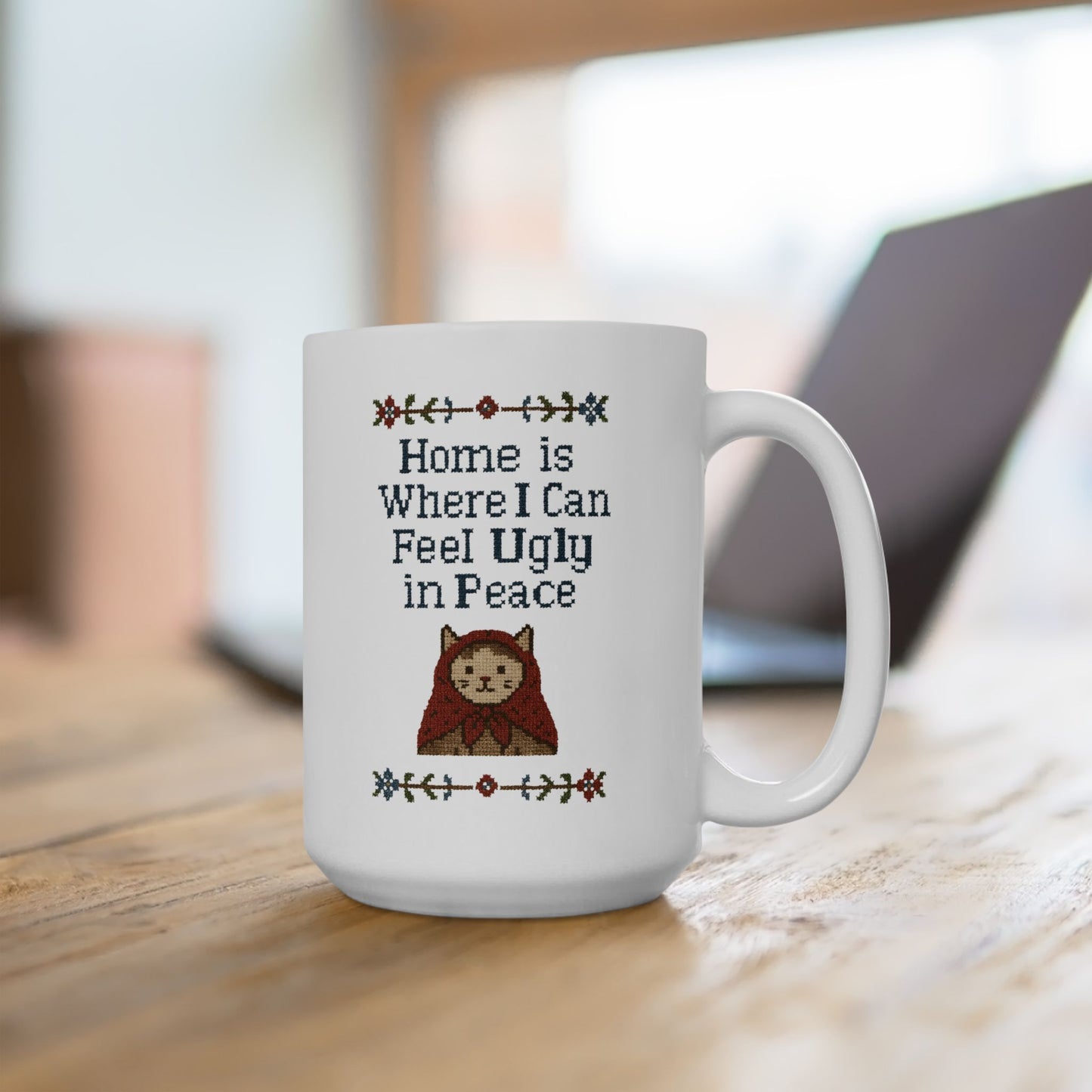 Babushka Cat Mug, Funny Cat Ceramic Mug - Faux Cross Stitch Look