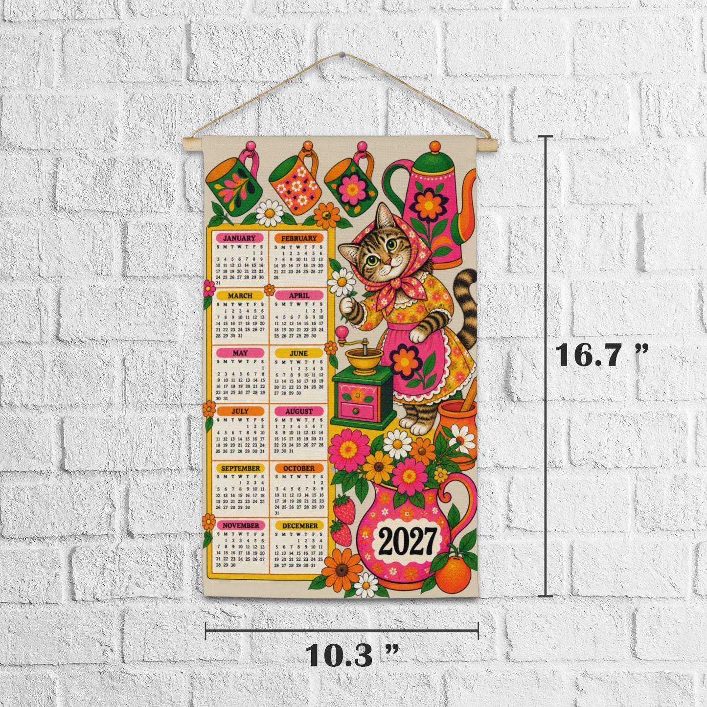Babushka Cat 2027 VIntage Pink Kitsch Fabric Wall Calendar
