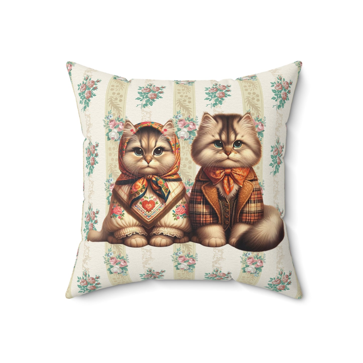 Vintage Theme Babushka Cat Couple, Polish Inspiration Polyester Square Pillow