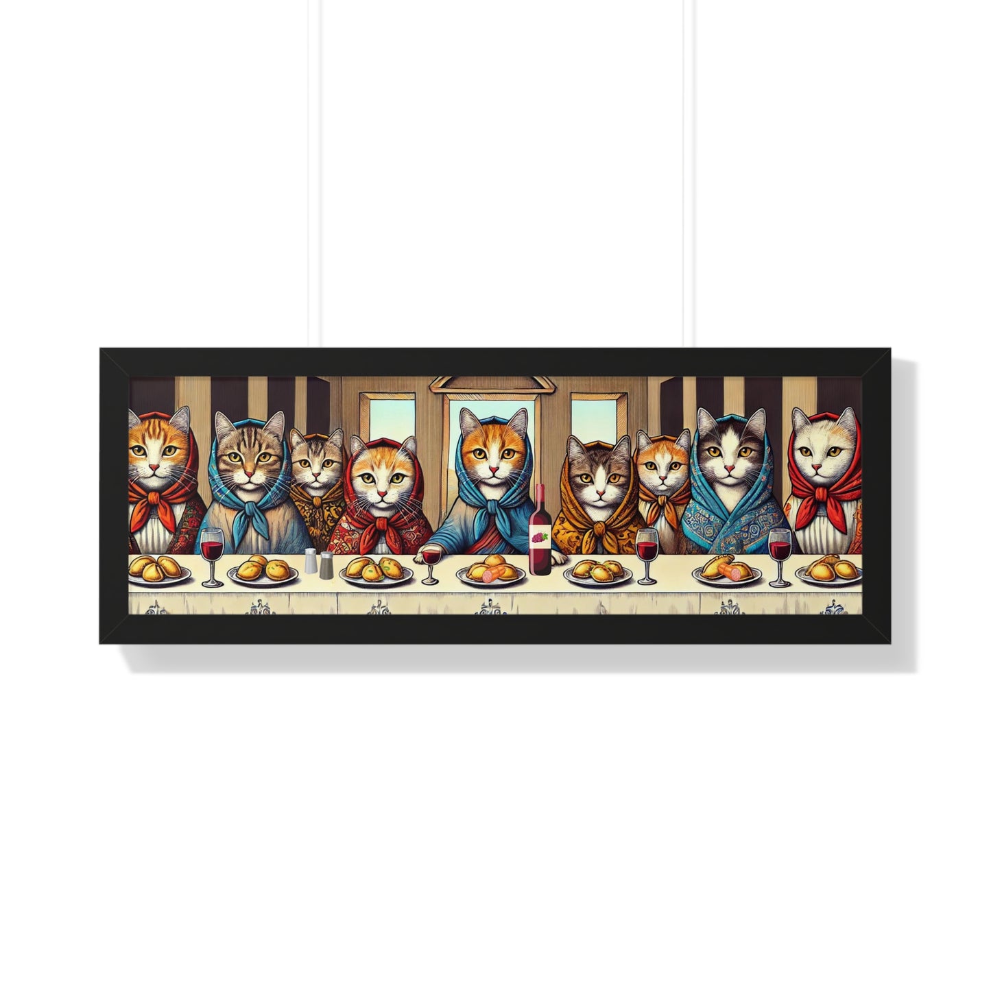 The Last Supper Babushka Cat Pierogi Supper Framed Horizontal Poster for Polish Art Lovers