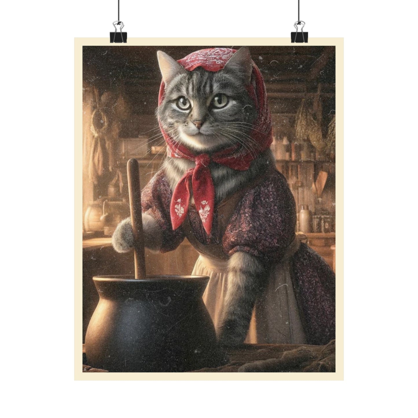 Babushka Cat Stirring Up Magic Matte Vertical Poster Wall Art