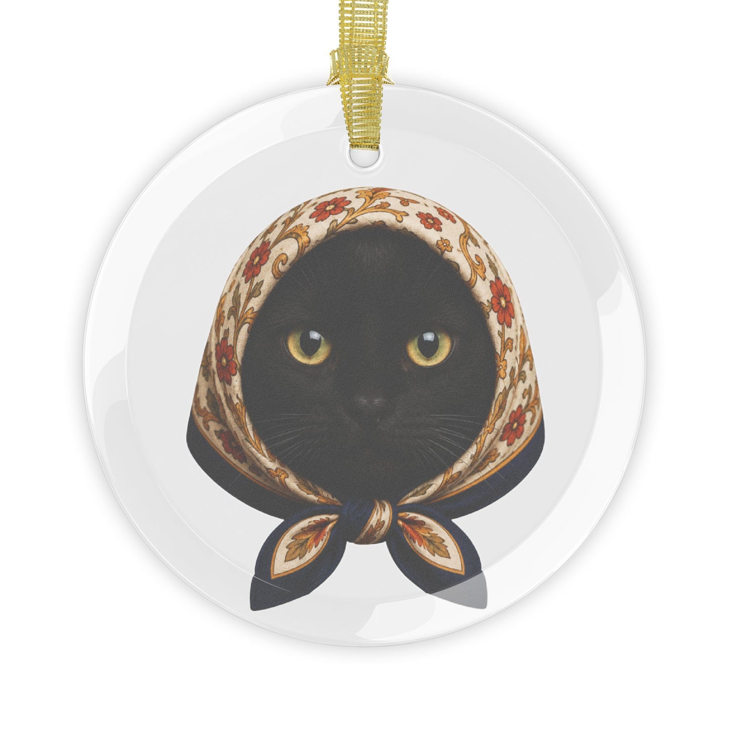 Babushka Black Cat Glass Ornament
